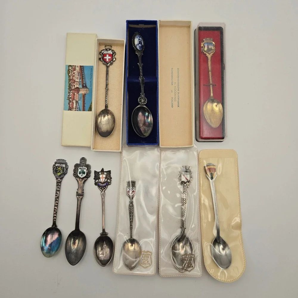 Vintage Lot of 9 European Souvenir Collector Spoons Enamel Travel Set Multi-City